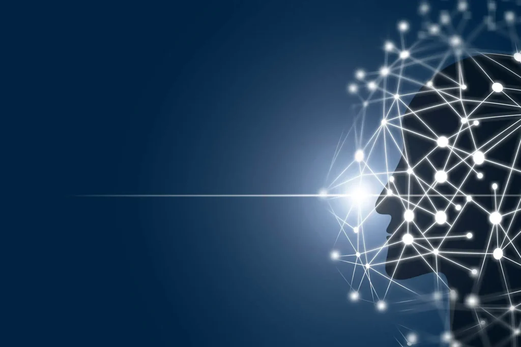 Grafische weergave van een donker gezicht omgeven door witte lijnen met connecties